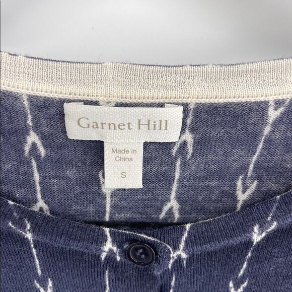 Garnet Hill 100% merino wool arrow indigo print crewneck knit sweater cardigan S - Picture 5 of 6